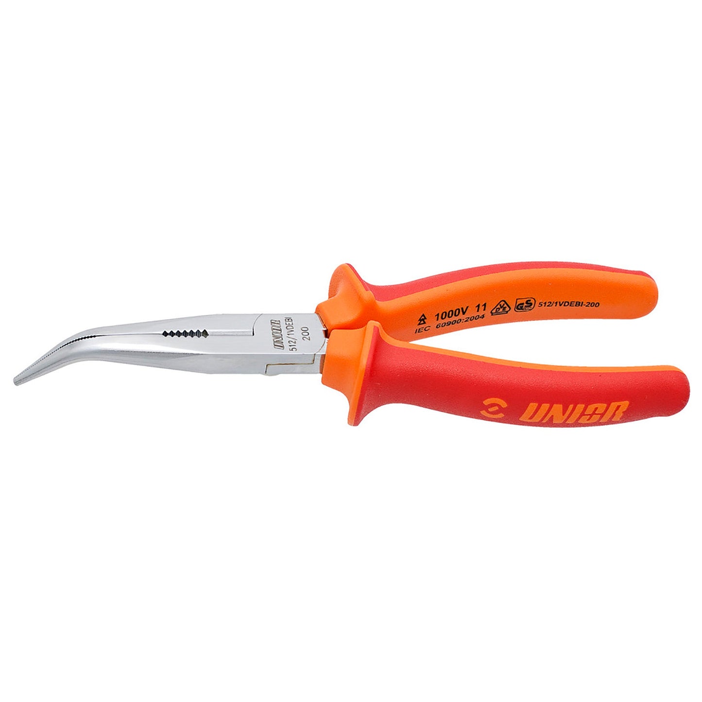 UNIOR LONG NOSE PLIERS WITH SIDE CUTTER AND PIPE GRIP BENT