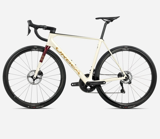 ORBEA ORCA M21e TEAM PWR ROAD BIKE 2025 IVORY WHITE-BURGUNDY (GLOSS)-VILCANO (MATT)