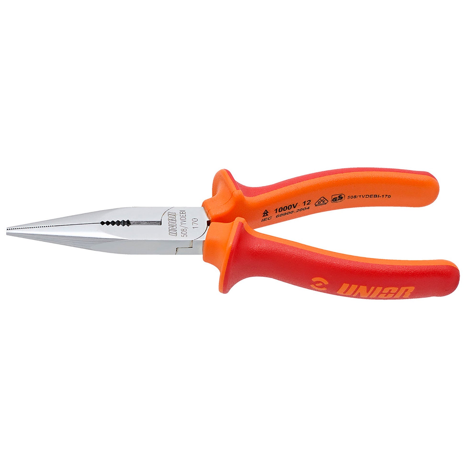 UNIOR LONG NOSE PLIERS WITH SIDE CUTTER AND PIPE GRIP STRAIGHT