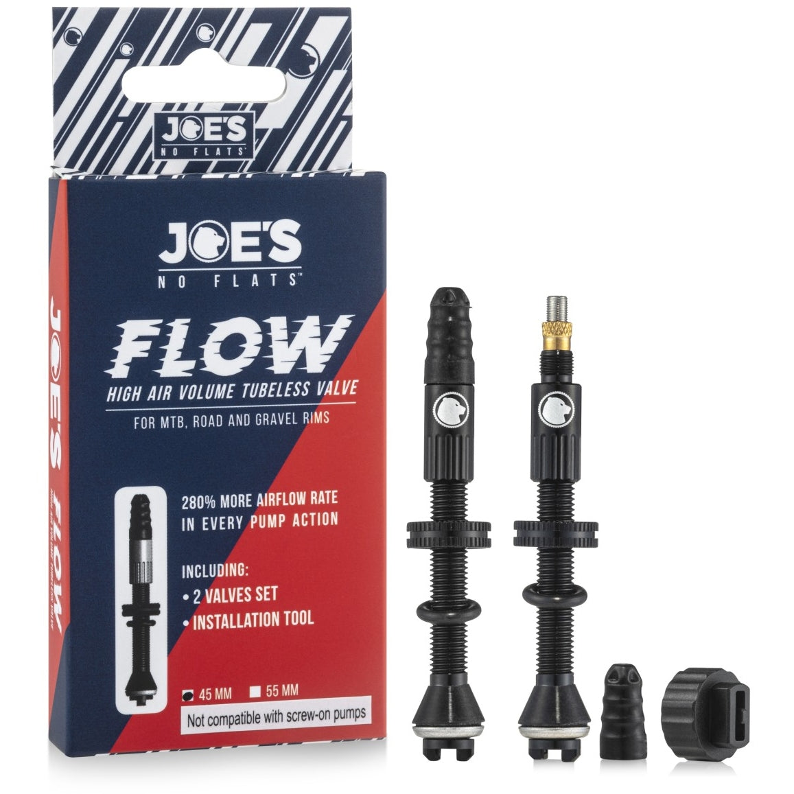JOE'S NO FLATS FLOW HIGH AIR VOLUME AIR VALVES 45mm PAIR