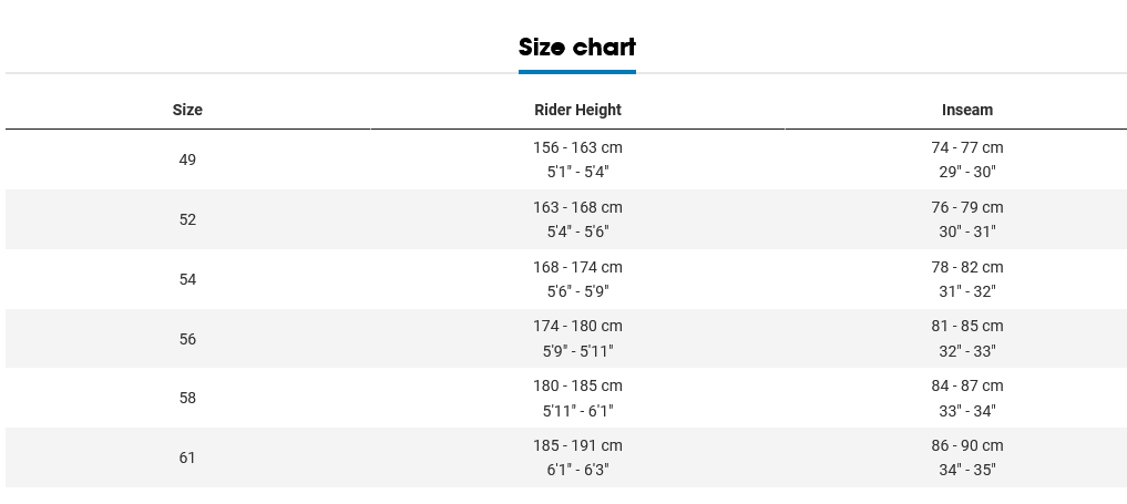 Trek boone discount size chart