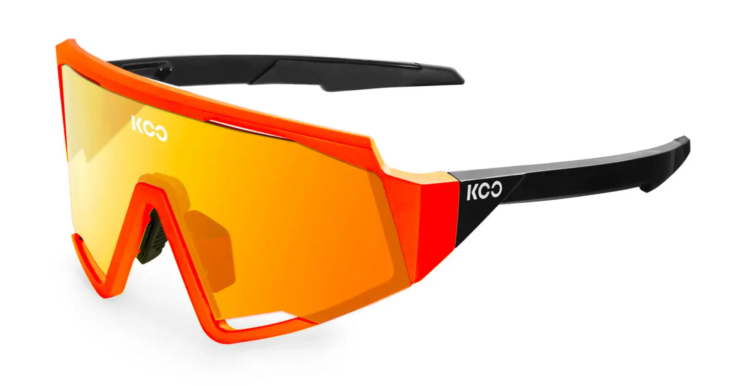 KOO SPECTRO : UNISEX CYCLING SUNGLASSES : ORANGE FLUO/RED MIRROR LENS, BLACK FRAME