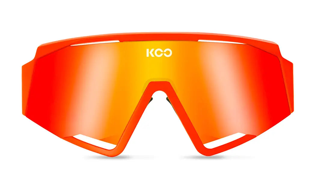 KOO SPECTRO : UNISEX CYCLING SUNGLASSES : ORANGE FLUO/RED MIRROR LENS, BLACK FRAME